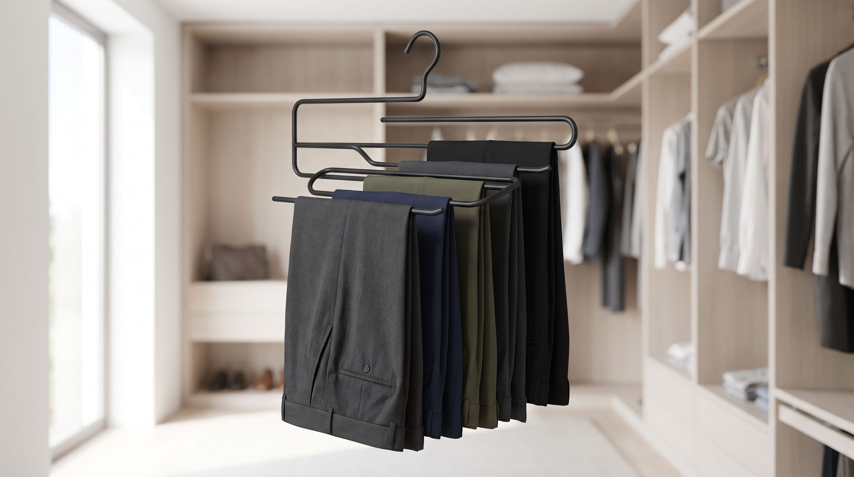 Cintre pantalon multi-niveaux dans une penderie